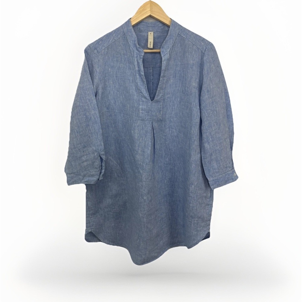 Studio 412 Sz M 100% Linen Blue Tunic Top‎ Artsy Lagenlook Made In Maine USA